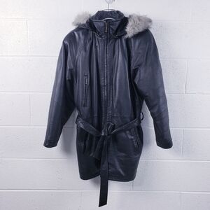 Wilsons Black Leather Jacket Zip Up Belted‎ Faux Fur Trim Hood Women's Medium